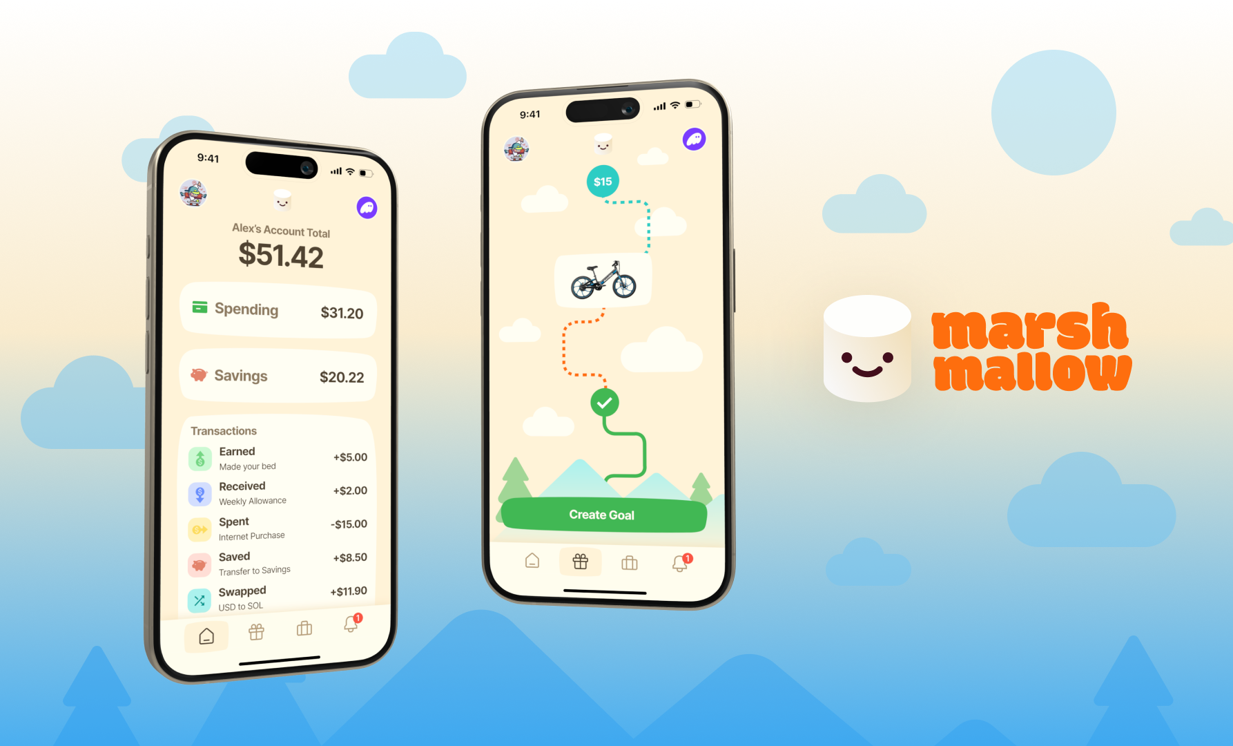 Marshmallow family banking app on a phone